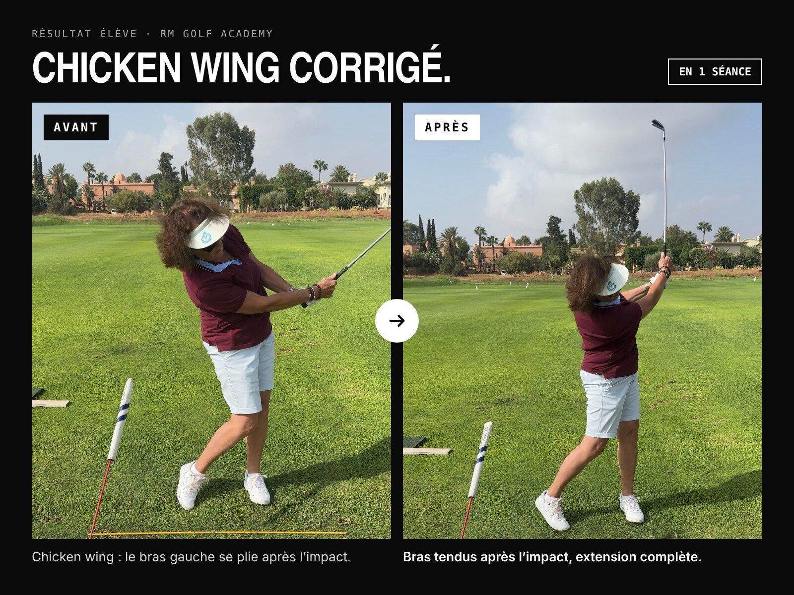 Avant / après : une élève corrige son chicken wing en une séance, bras tendus après l'impact